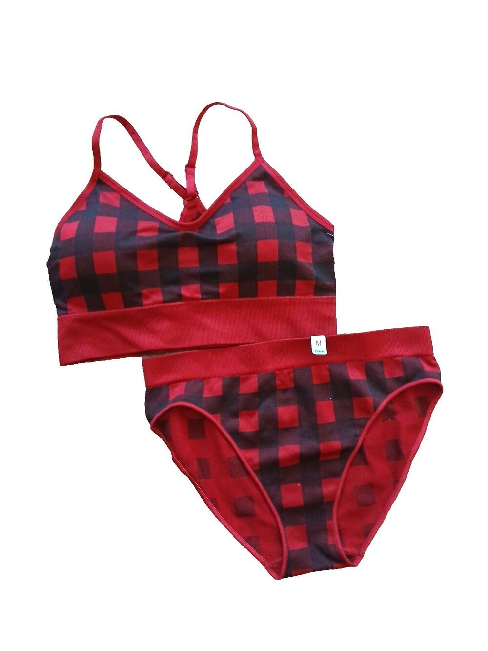 Maurices Padded Racerback Bra & Bikini Panties Set Size Med Black & Red Plaid